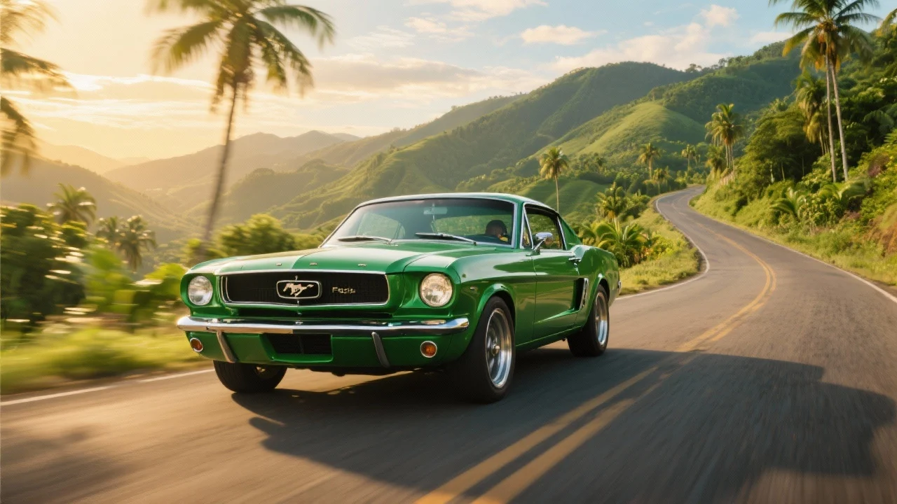 Mustang en carretera tropical